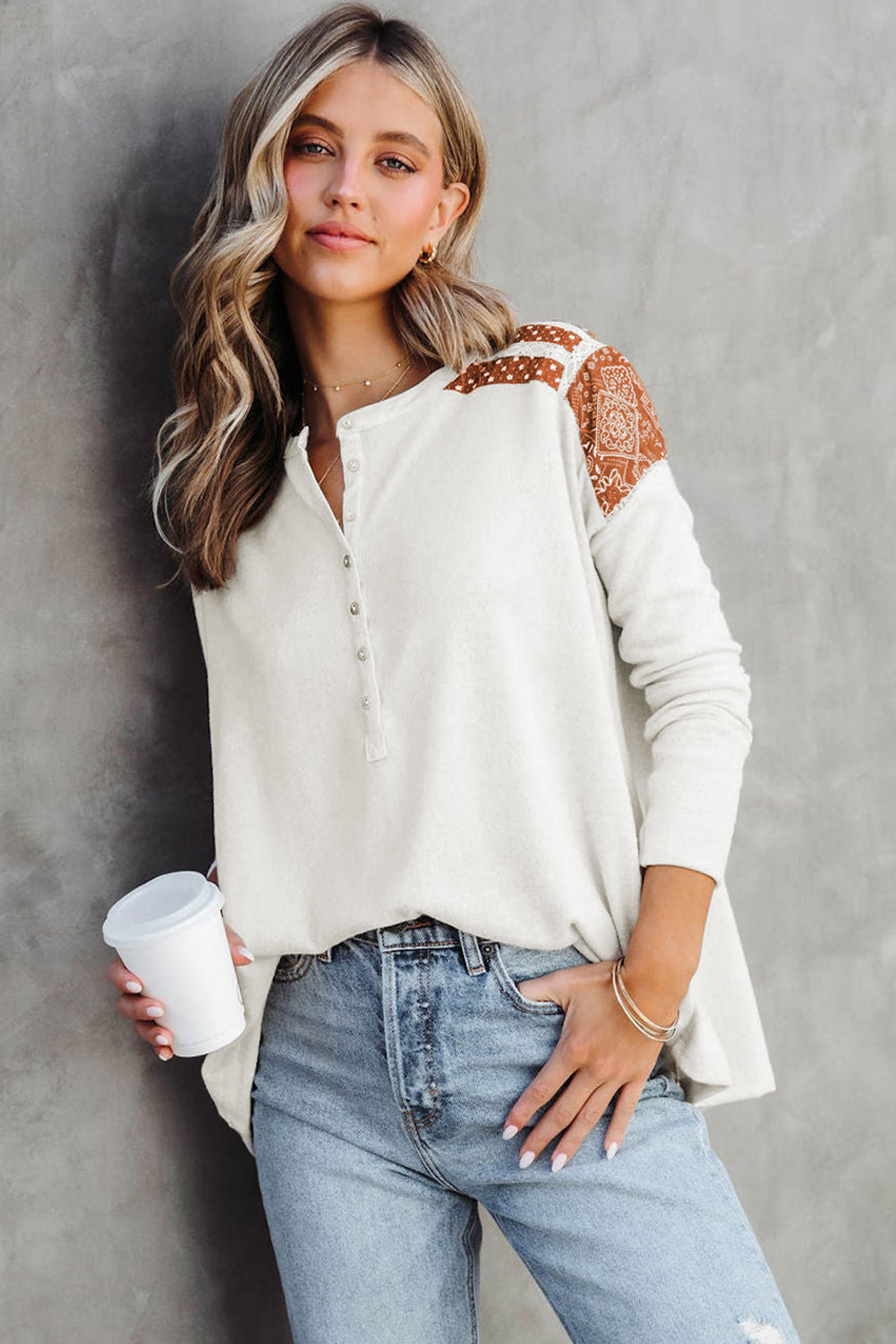 Contrast Crochet Lace Henley Top