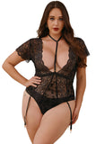 Plus Size Strappy Floral Lace Mesh Teddy Lingerie