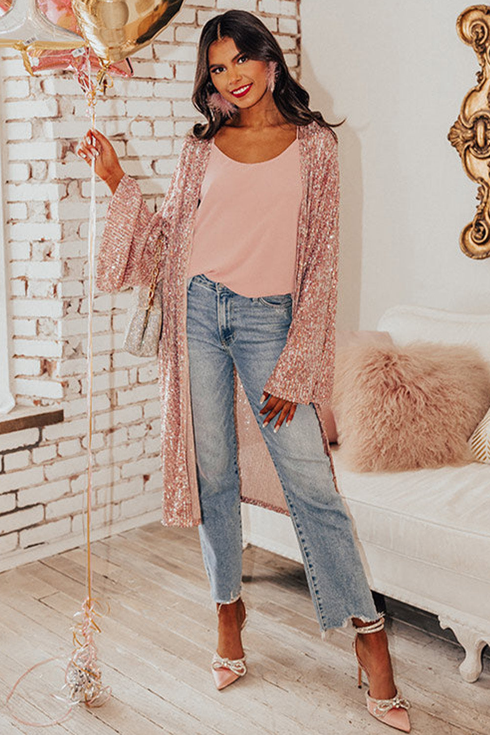 Flare Sleeve Open Front Sequin Kimono