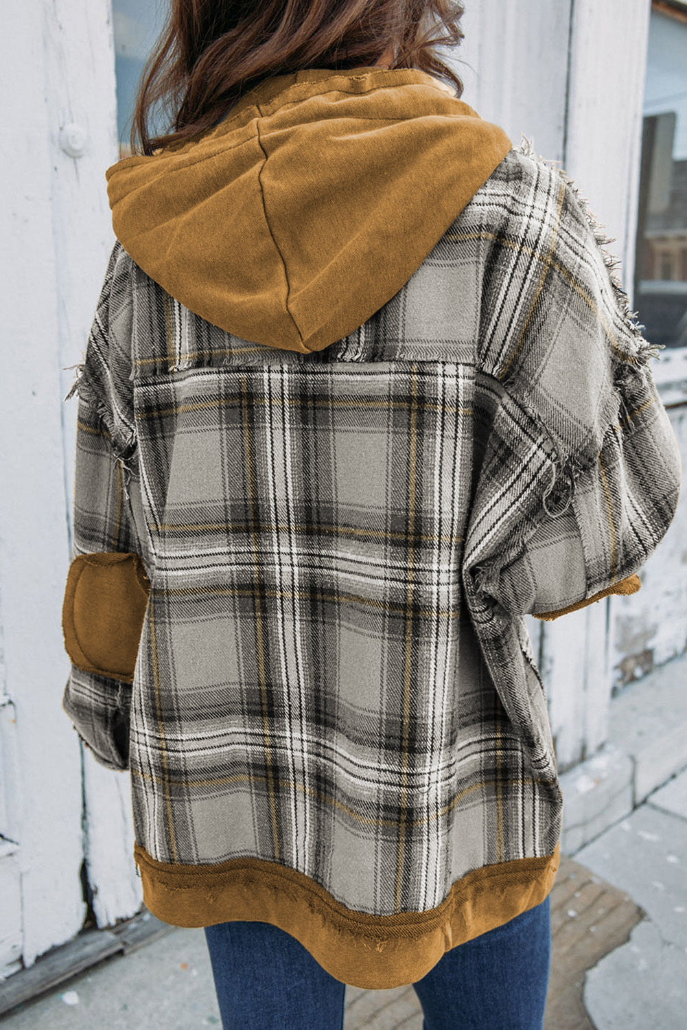 Orange Plaid Patch Hooded Frayed Snap Button Jacket