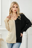 2-tone Color Block Raw Edge V Neck Sweater