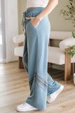 Dusk Blue Lace Crochet Patched Lace-up High Waist Wide Leg Pants