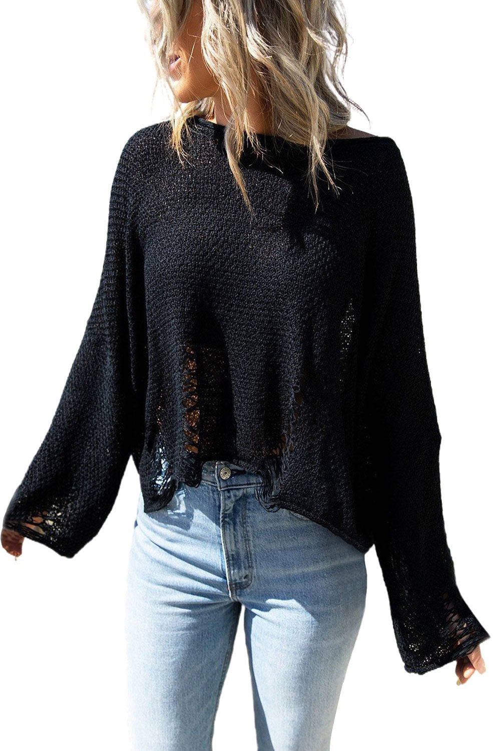 Pull court en tricot noir effet vieilli, coupe boxy