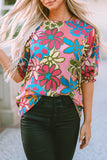 Multicolor Vibrant Floral Print Trimmed Ruffle Sleeve Blouse