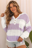 Striped Knit Button Ribbed Split Neck Sweater