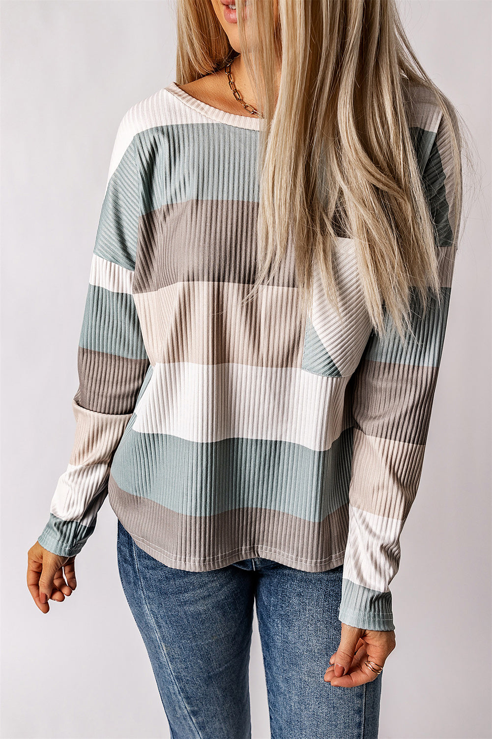 Striped Colorblock Ribbed Knit Top with Pocket