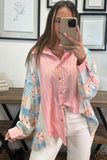 Pink Stripe Floral Patchwork Tunic Loose Fit Shirt