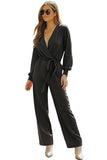 V Neck Wrap Waist Tie Long Sleeve Jumpsuit