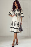 Black Western Geometric Print 3/4 Sleeve Loose Midi Dress