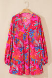 Rose Tropical Printed Lantern Sleeve V Neck Ruffled Plus Size Mini Dress