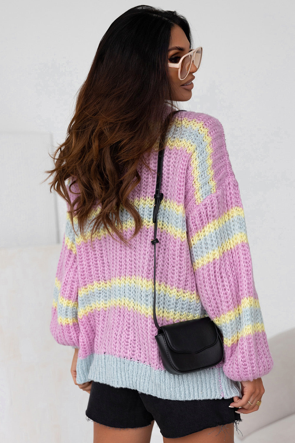 Contrast Striped Open Front Cable Cardigan