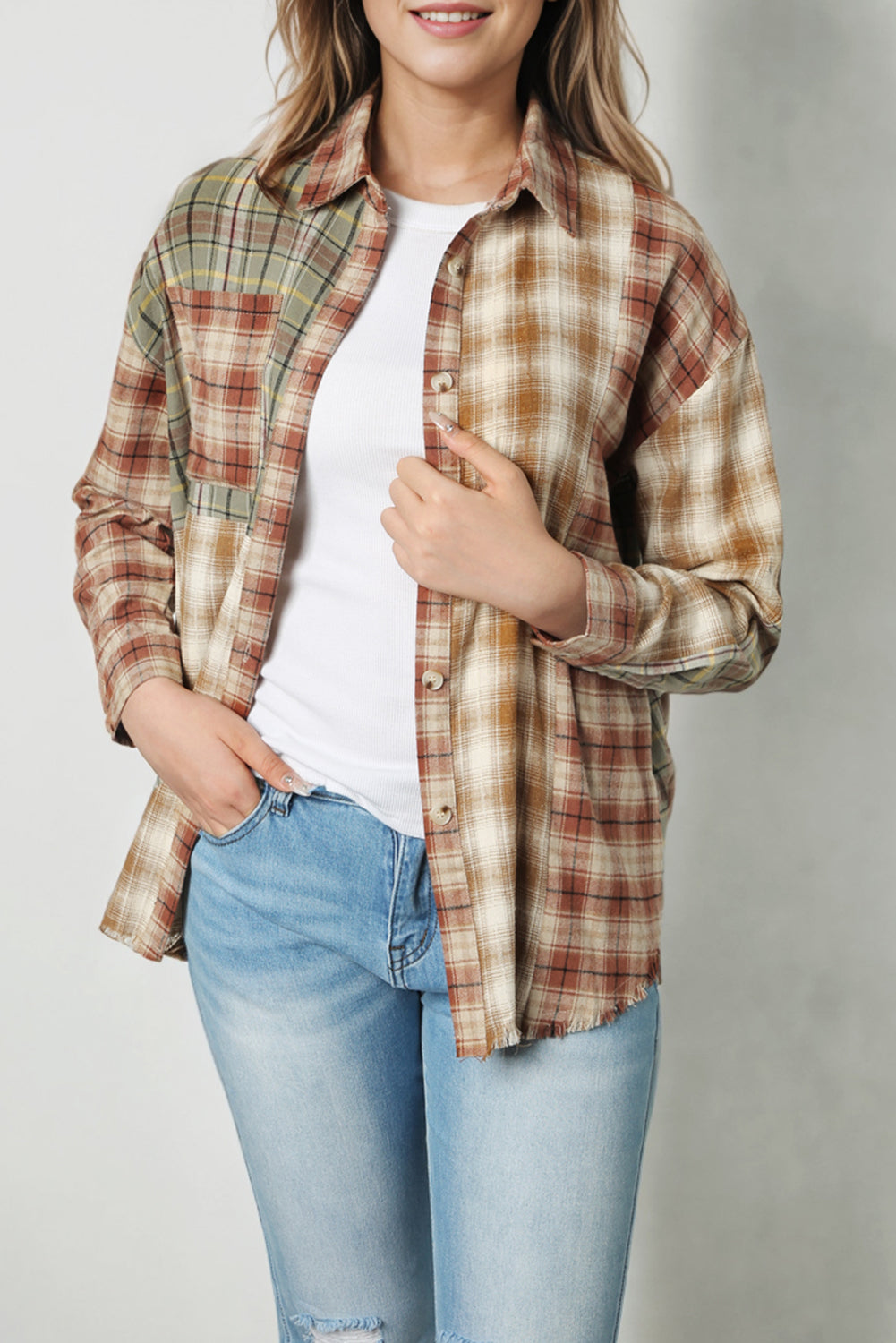 Multi Plaid Patchwork Raw Edge Casual Shirt