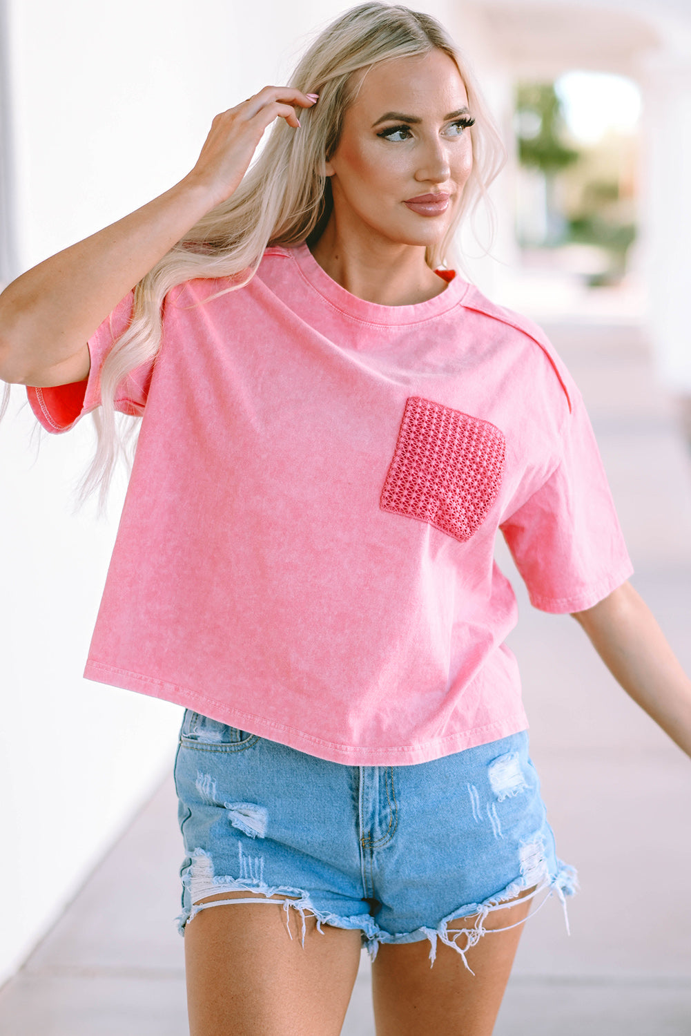 Lace Patch Pocket Long Sleeve T-shirt