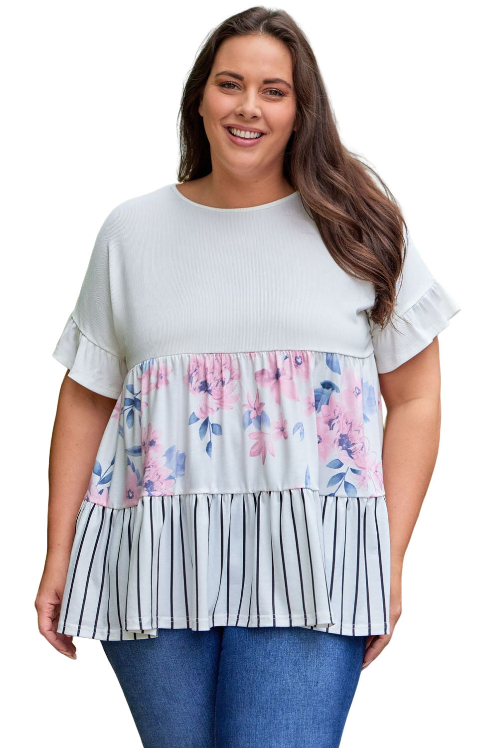 Plus Size Floral Stripe Color Block Babydoll Top