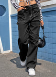 Black High Waist Straight Leg Cargo Pants with Pockets