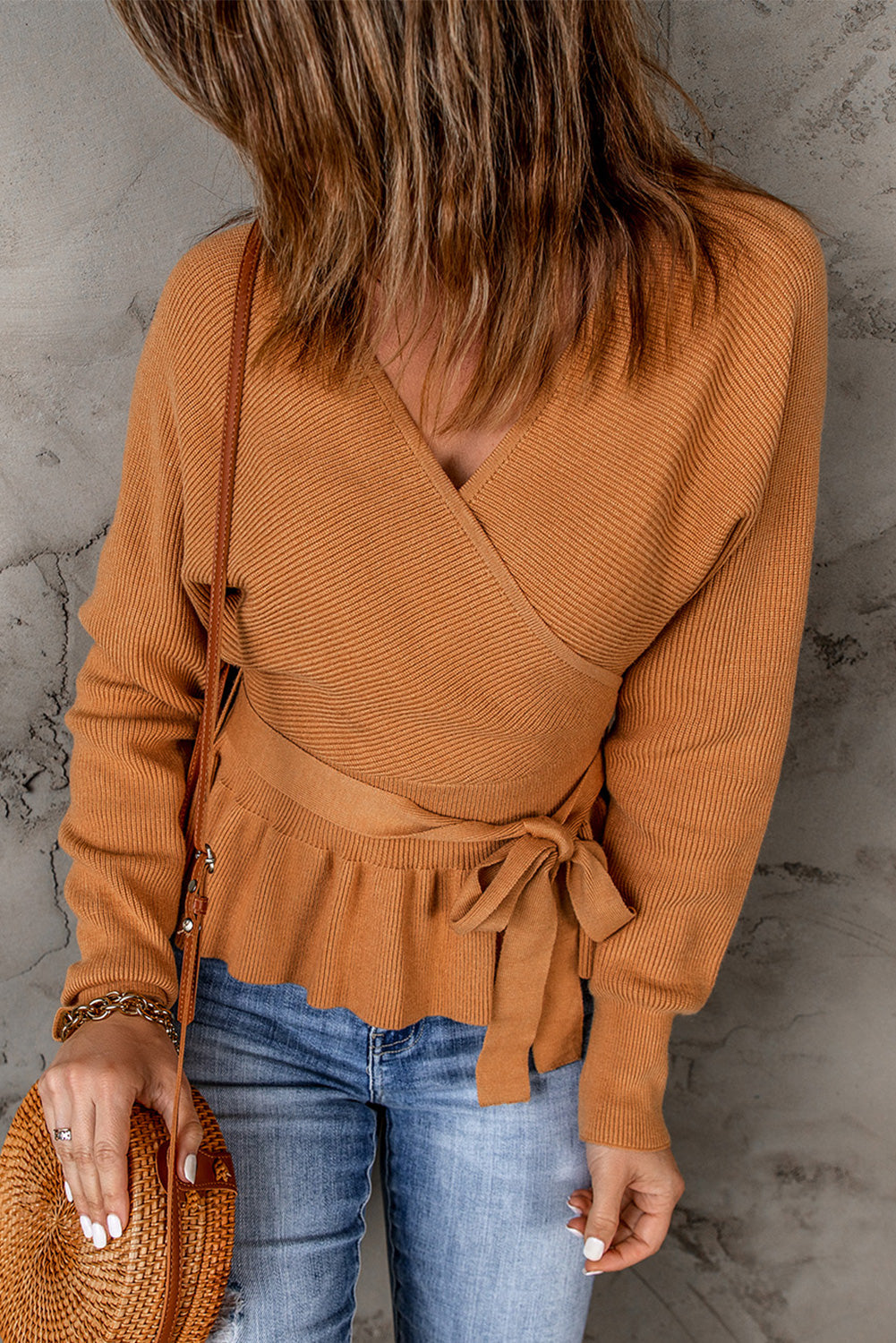 Rib Knit Surplice Neck Belted Peplum Sweater