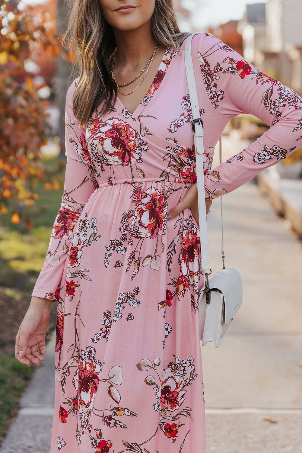 Wrapped V Neck Floral Long Sleeve Empire Maxi Dress