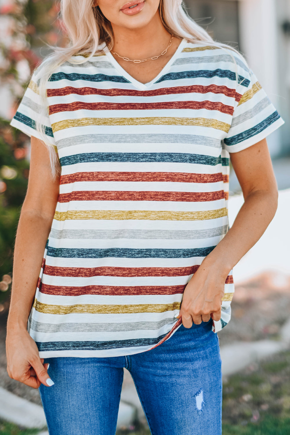 Multicolor Stripes V Neck T-shirt