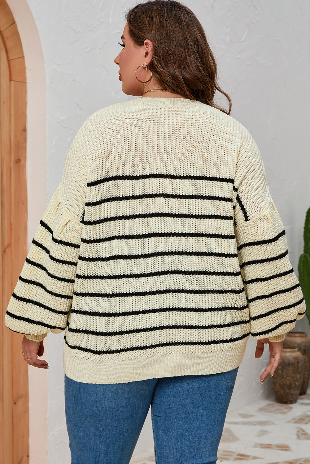 Plus Size Striped Drop Shoulder Puff Sleeve Sweater