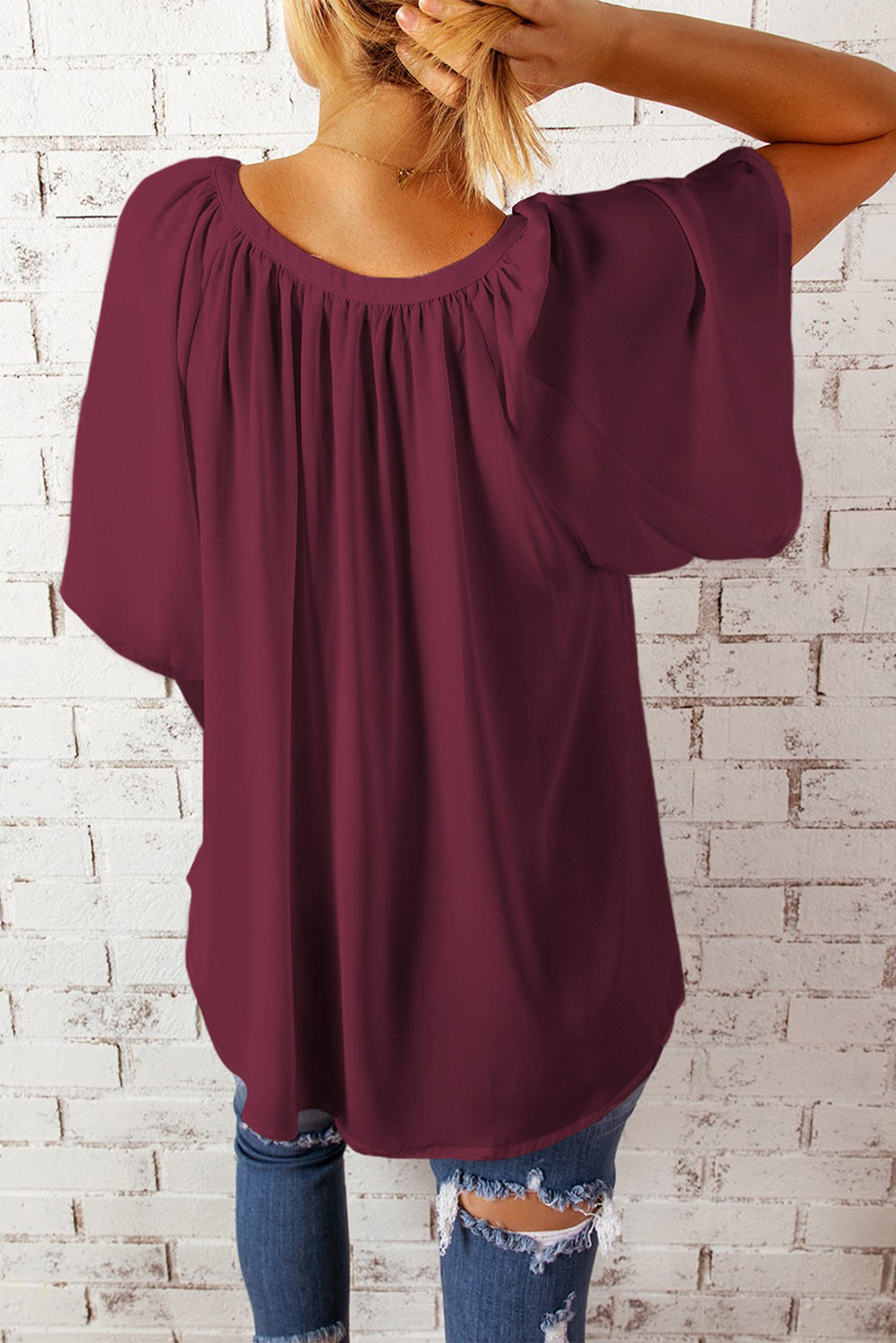 Split Neck Pleated Loose Top