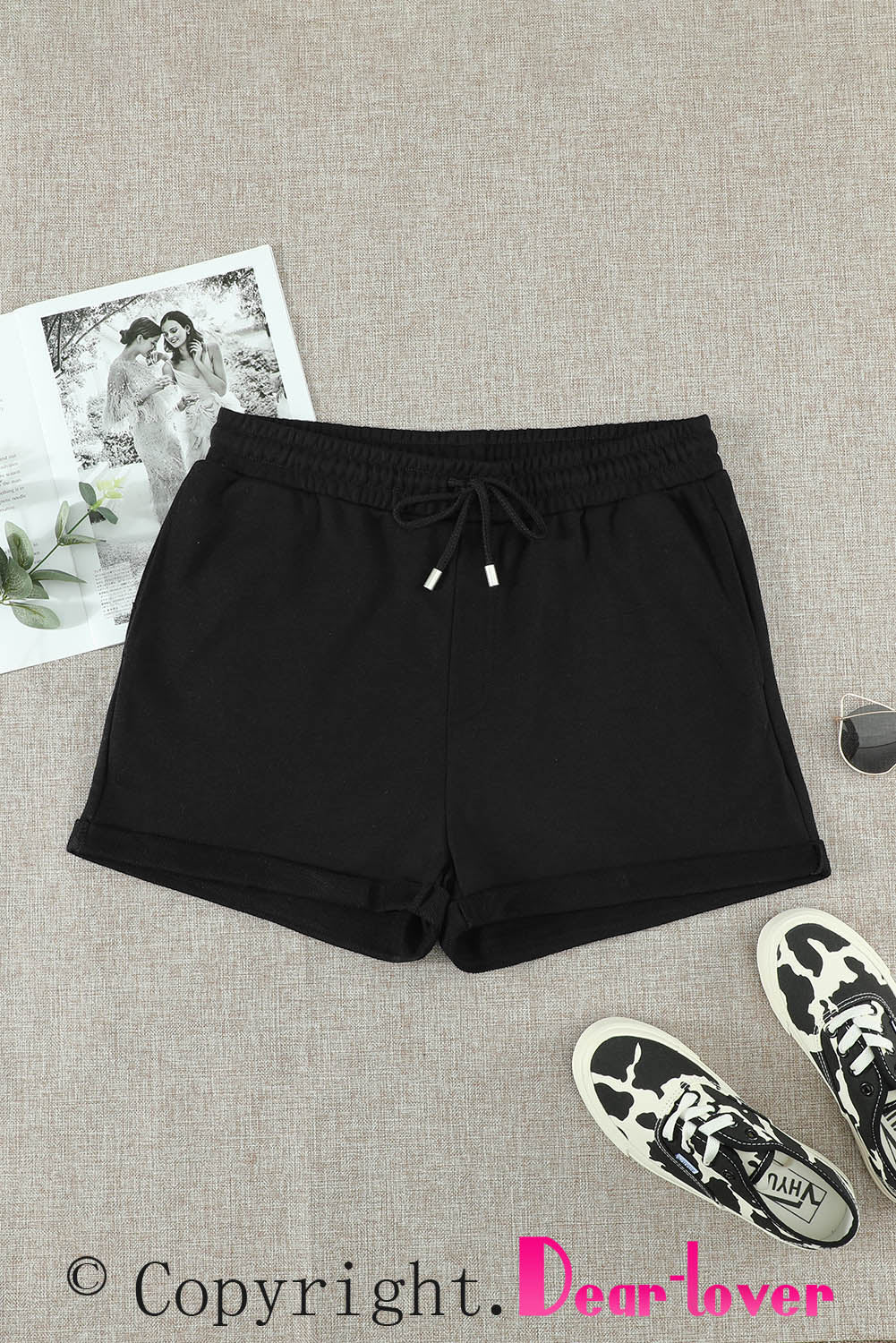 Tie Waist Side Pockets Cuffed Lounge Shorts