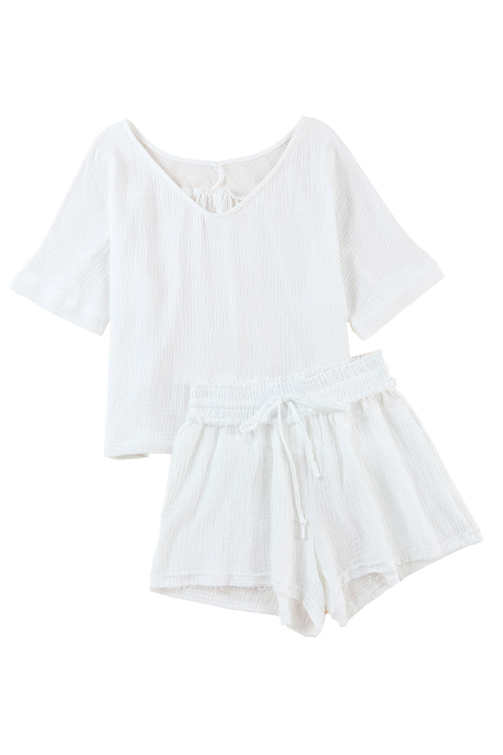 Relaxed V Neck Blouse and Drawstring Raw Hem Shorts Set