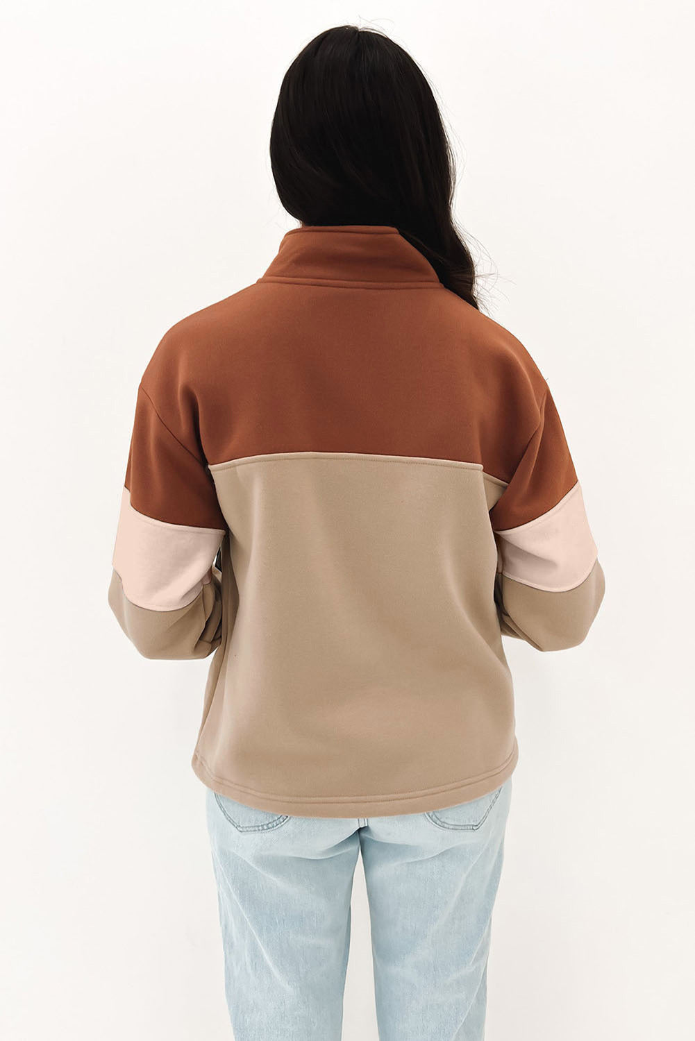 Color Block Zip Mock Neck Pocketed Sweatshirt