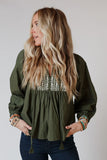 Embroidered Split Neck Pleated Loose Blouse