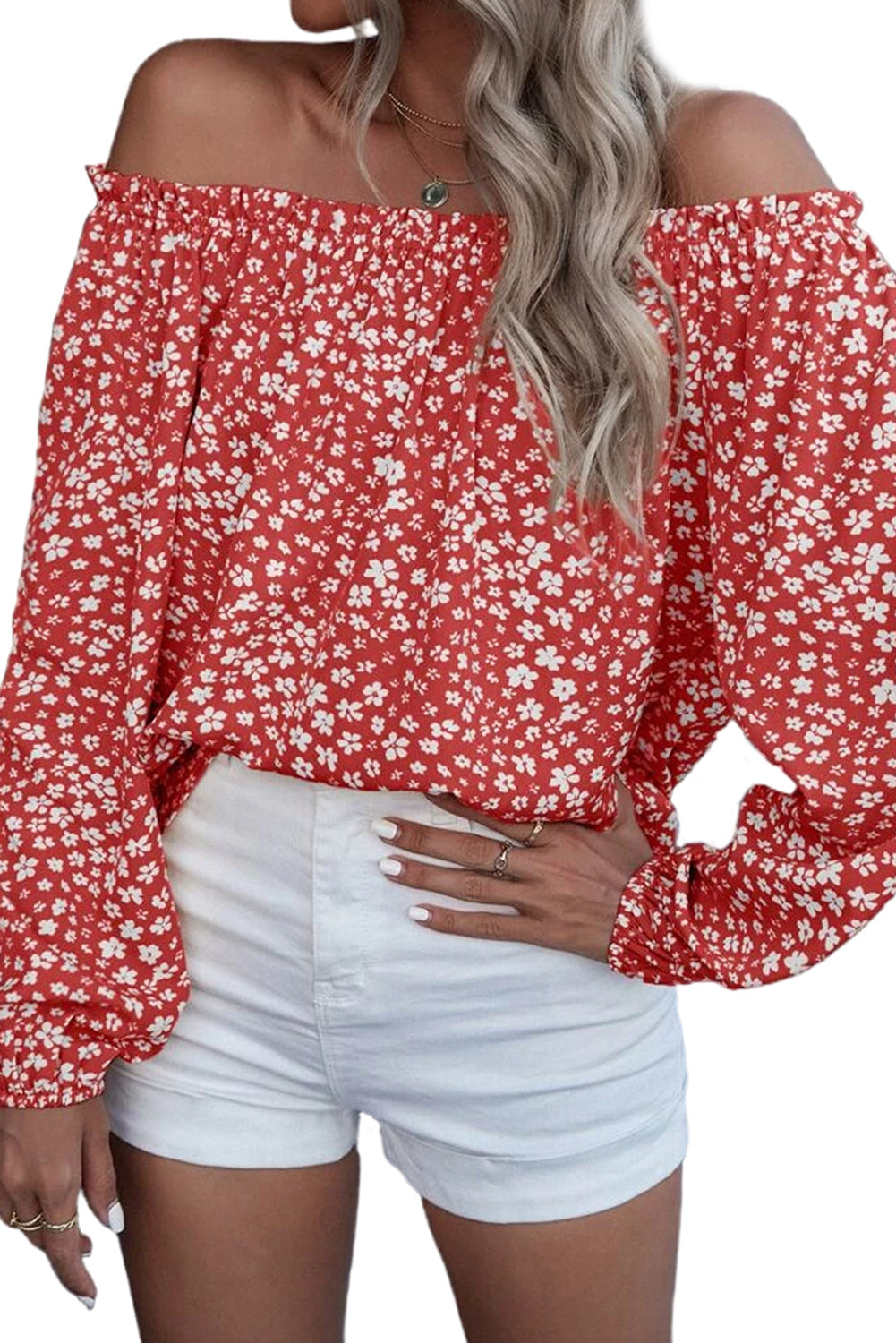 Yellow Floral Print Frill Trim Off-shoulder Lantern Sleeve Blouse