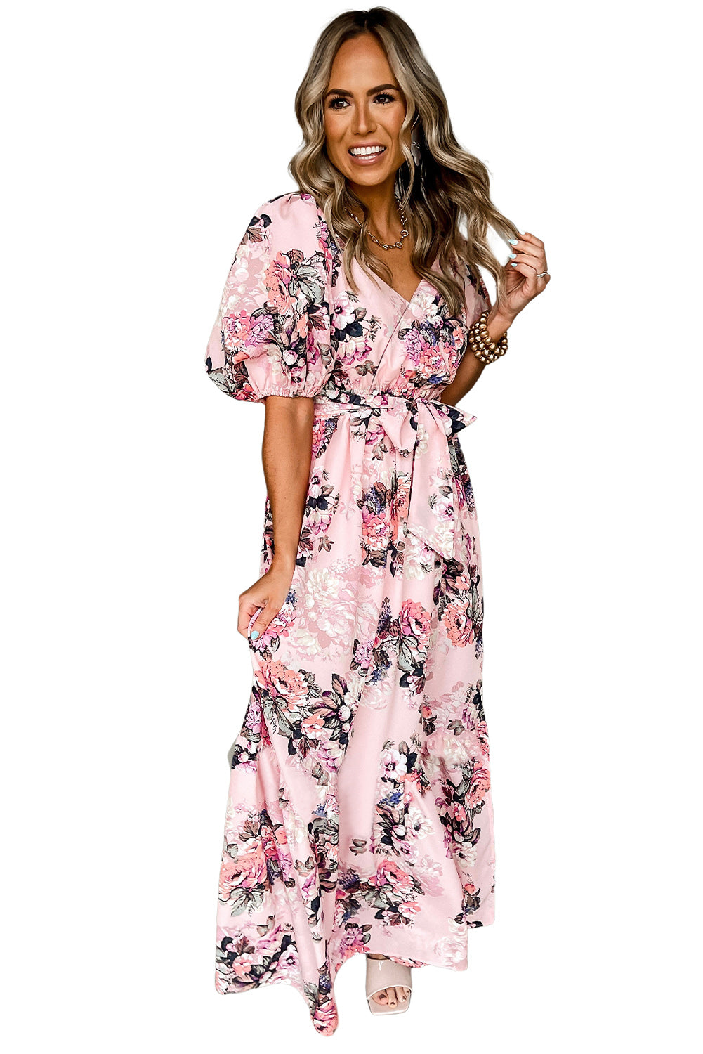 Robe longue rose à fleurs, manches bouffantes, taille haute