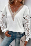 White Lace Splicing V Neck Puff Sleeve Top