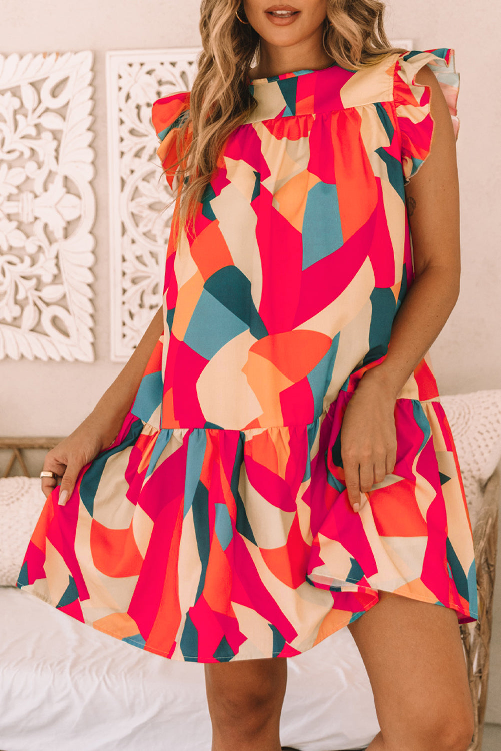 Abstract Geometric Print Flutter Sleeve Babydoll Dress