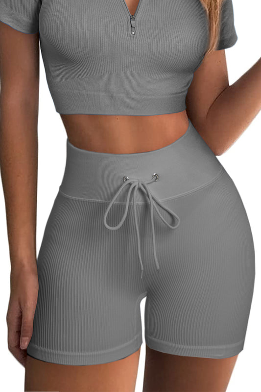 Solid Color Ribbed Drawstring Waist Yoga Shorts