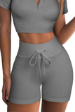 Solid Color Ribbed Drawstring Waist Yoga Shorts