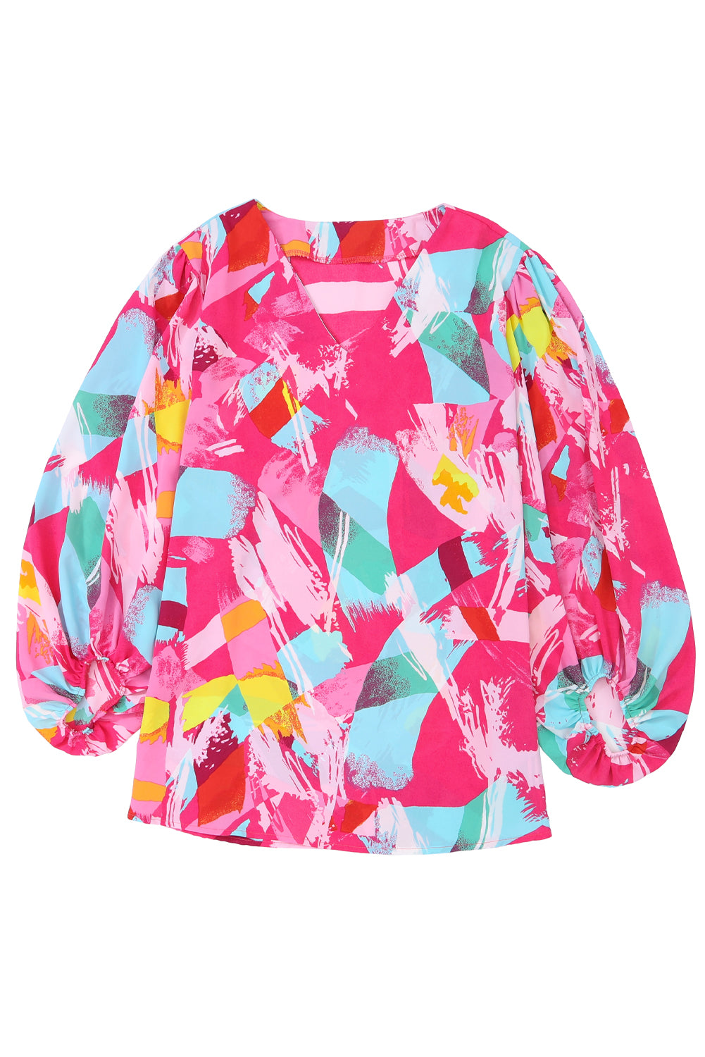 Plus Size Graffiti Print Split Neck Puff Sleeve Blouse