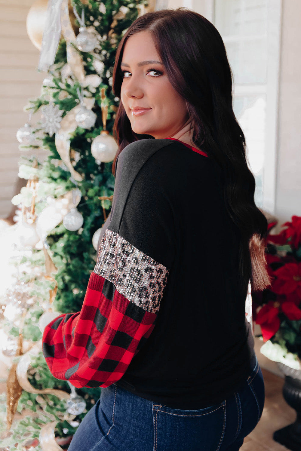 Christmas Tree Plaid Leopard Sequin Plus Size Top