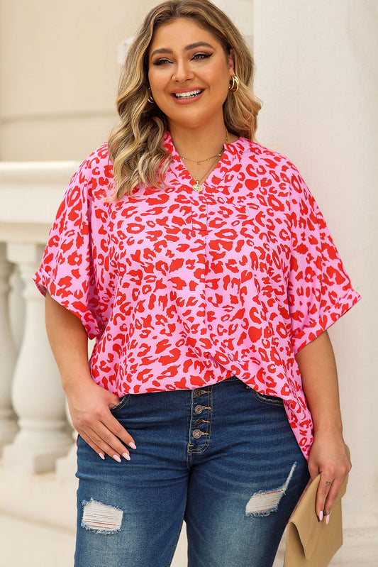 Leopard Print V Neck Half Sleeve Plus Size Blouse