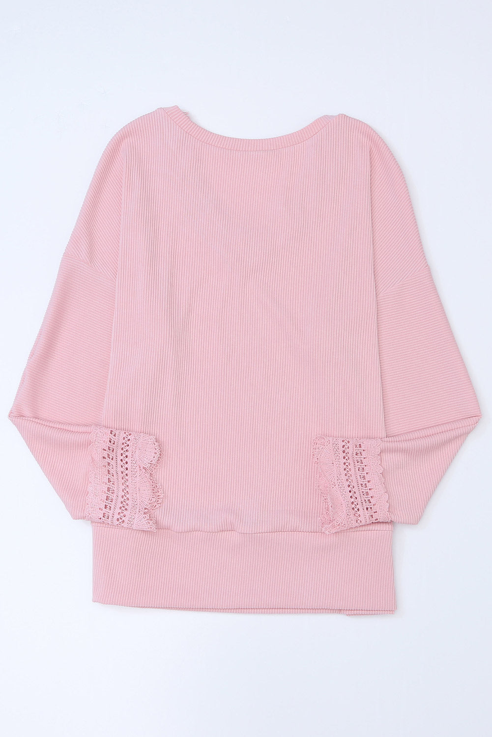 Ribbed Texture Lace Trim V Neck Long Sleeve Top