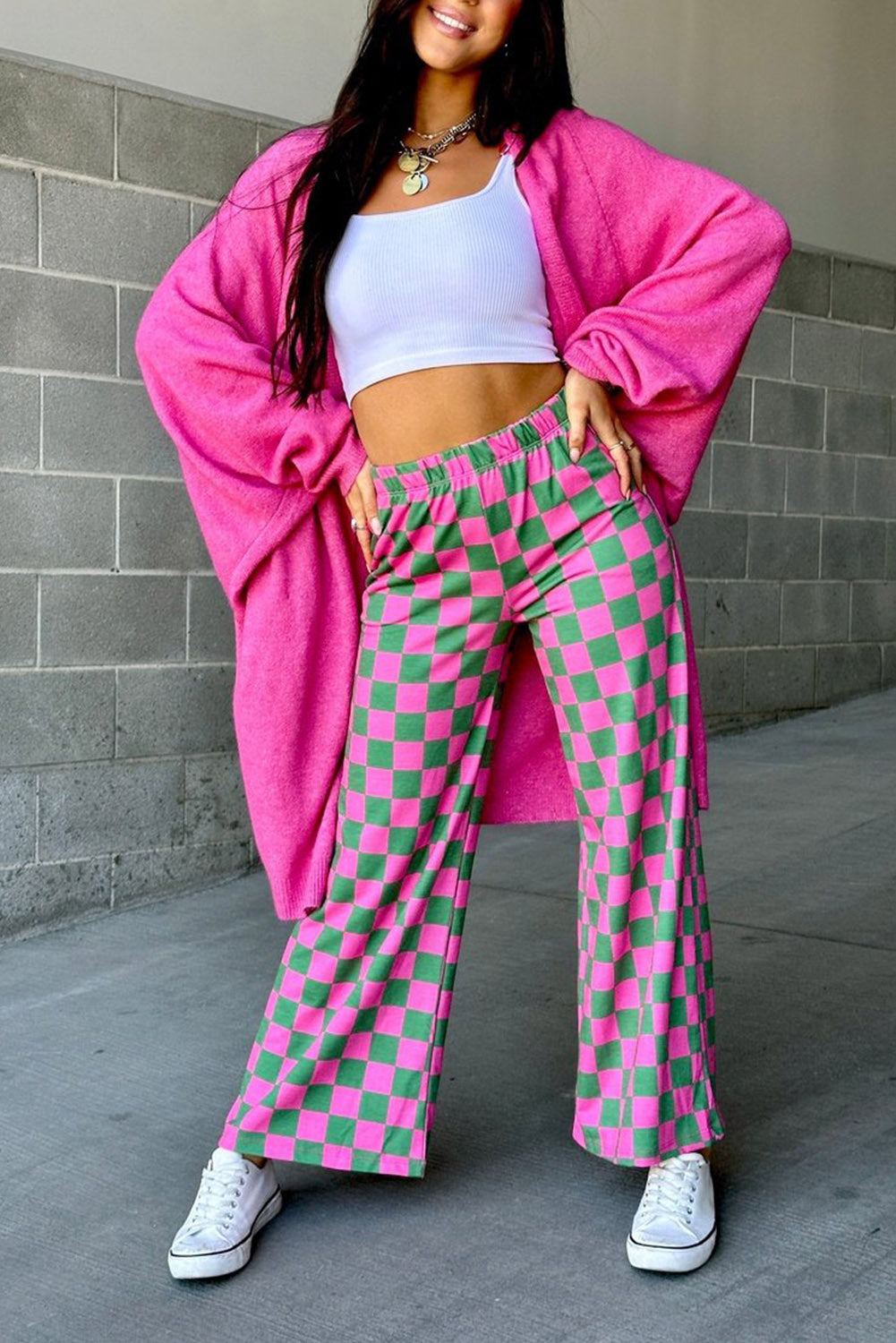 Bonbon 2-Tone Checked Print High Waist Wide Leg Pants