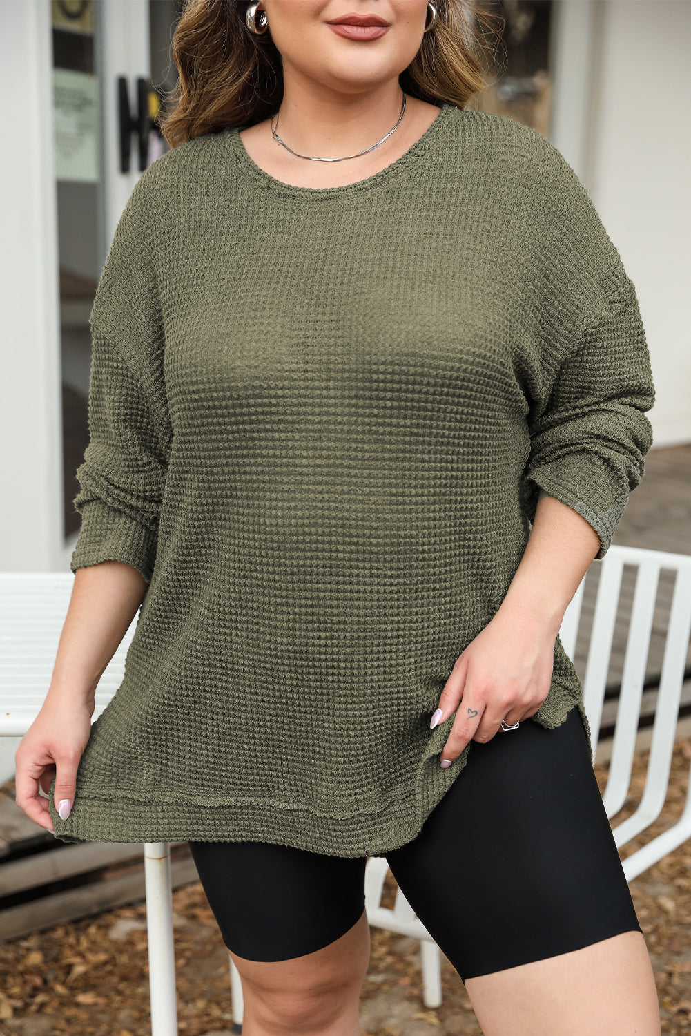 Green Waffle Knit High Slits Oversized Top