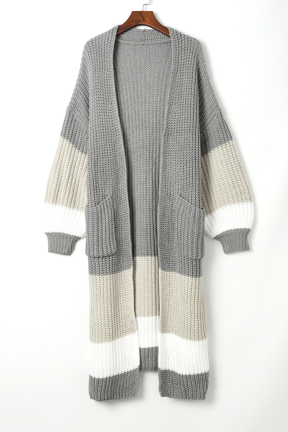 Colorblock Cable Knit Side Pockets Duster Cardigan