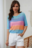 Knitted Eyelet Colorblock Striped Half Sleeves Top