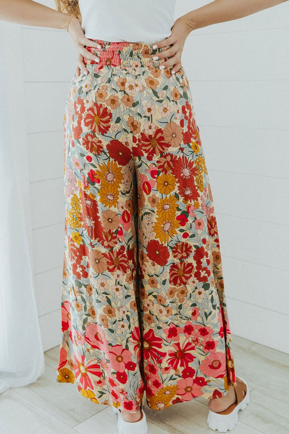 Oatmeal Boho Floral Smocked Waist Super Loose Pants