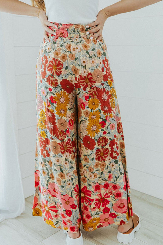 Oatmeal Boho Floral Smocked Waist Super Loose Pants