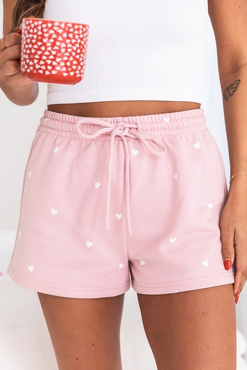 Cute Heart Print Drawstring Lounge Shorts