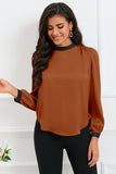 Color Block Bow Back Mock Neck Blouse