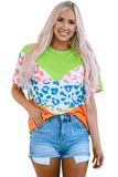 Color Block Leopard Waffle Knit Patchwork T-Shirt