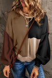 Coffee Colorblock Bishop Sleeve Ribbed Trim Sweater