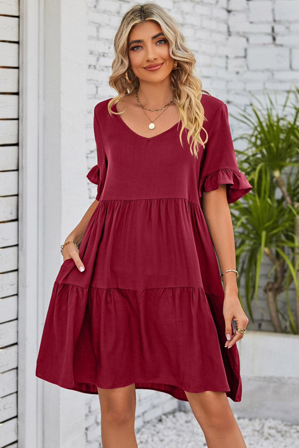 V Neck Ruffle Short Sleeve Flared Midi Dress