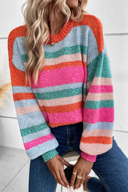 Multicolor Striped Knit Drop Shoulder Puff Sleeve Sweater